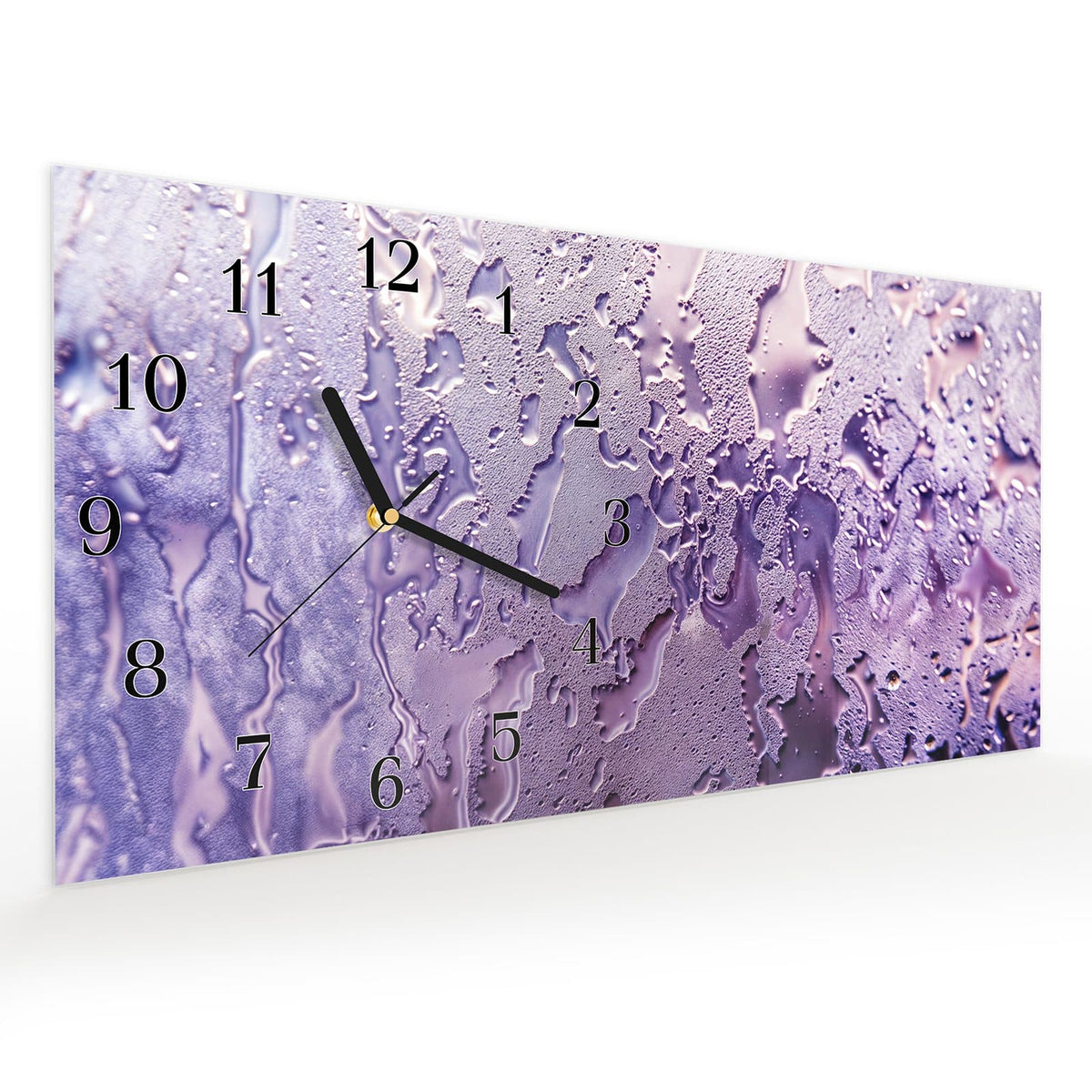 Vormontiert – mit Schwebeeffekt – Wanduhr Rauchige Tropfen aus Glas – Querformat 60 × 30 cm