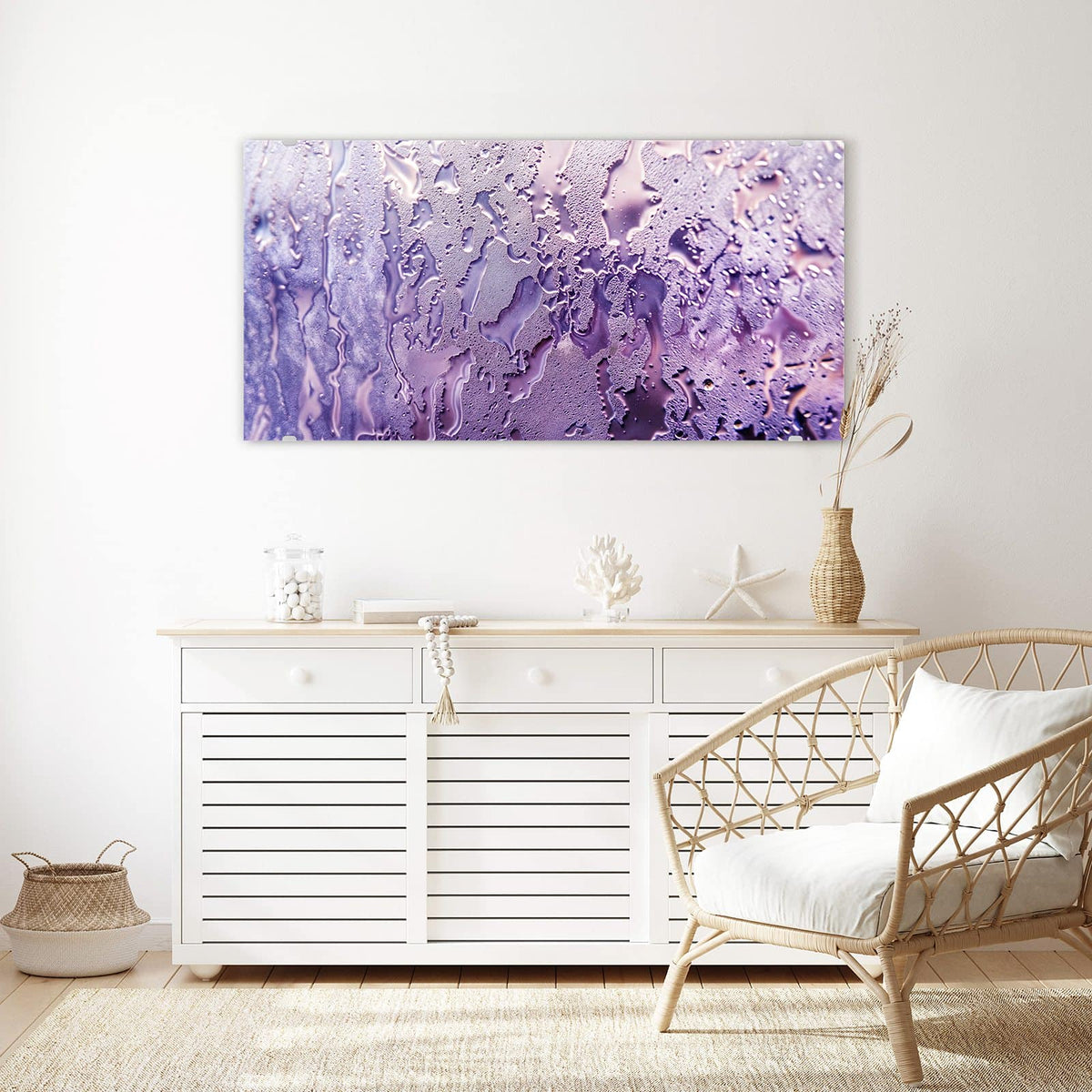 Echtglas, 4 mm – kein Acryl, keine Folie – Wandbild - Kondenstropfen in Lila - Querformat