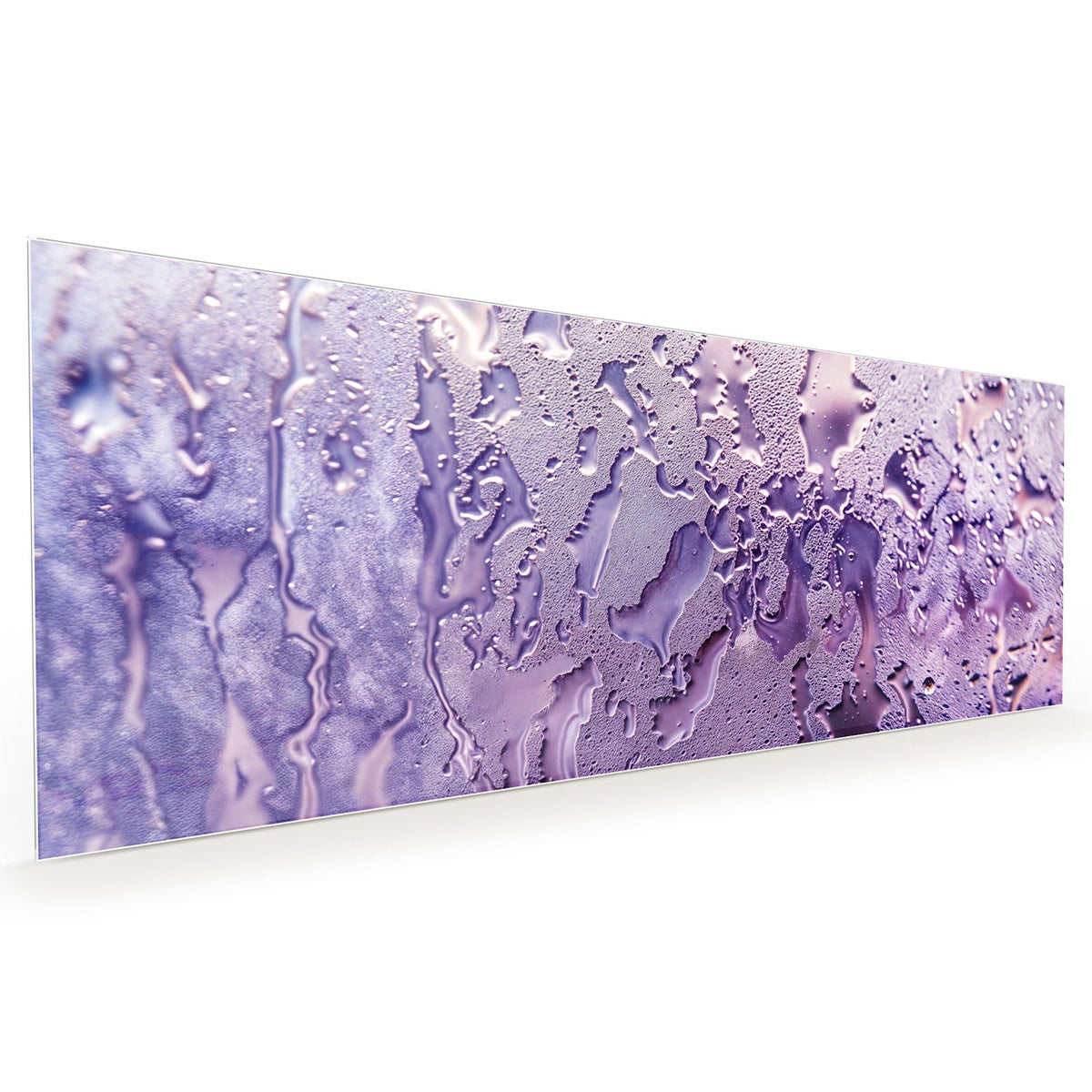 Küchenrückwand aus Glas im Hochformat mit Motiv Kondenstropfen in Lila: Beschlagene Fläche mit ablaufenden Kondenstropfen in Flieder und Violett