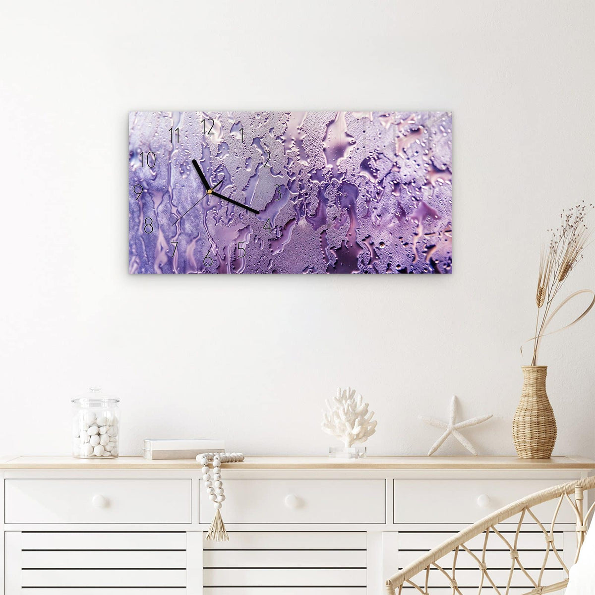 Wanduhr Rauchige Tropfen aus Glas – Querformat 60 × 30 cm – Beschlagene Fläche in Lila
