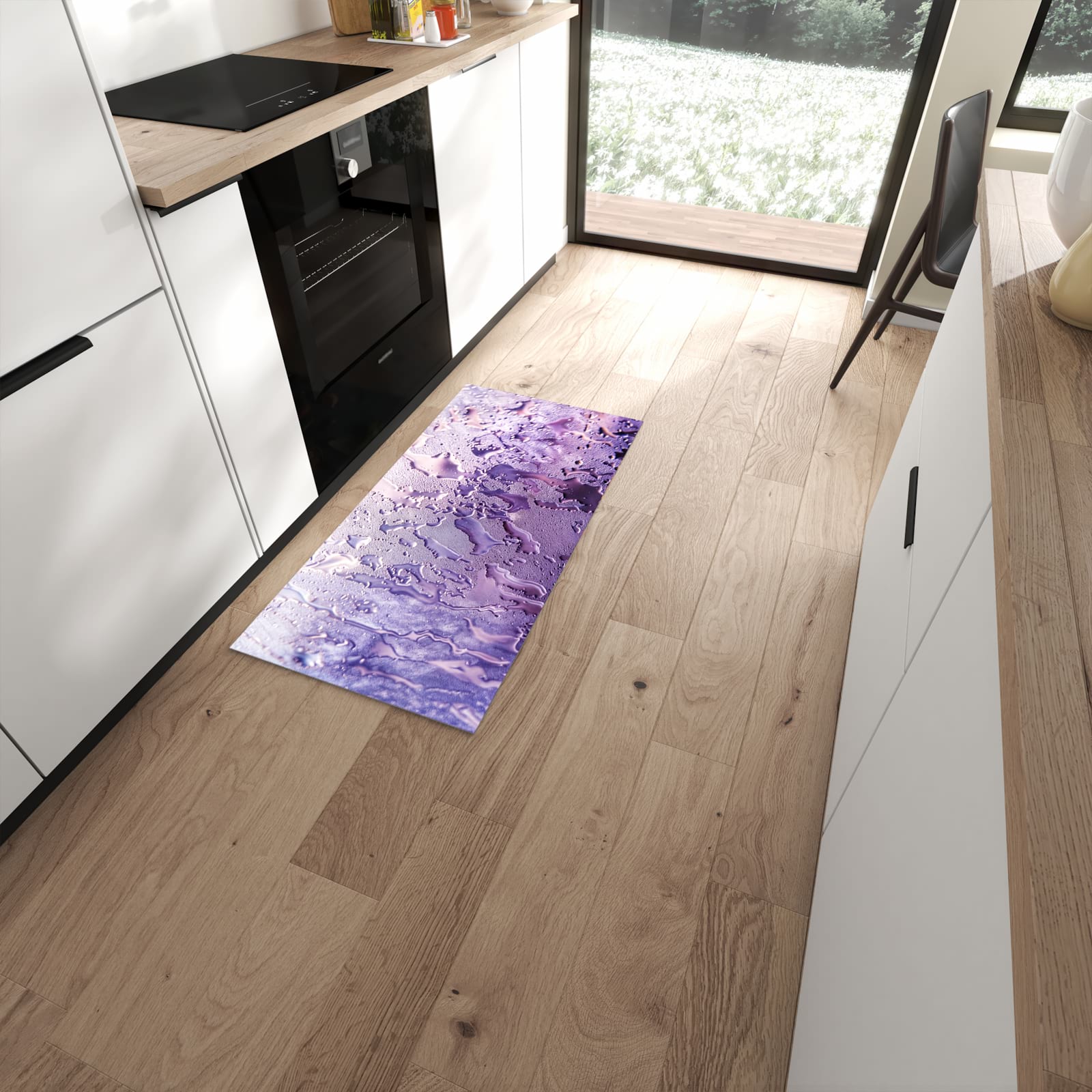 Bodenschonender Küchenläufer mit Motiv Rauchige Tropfen in moderner Küche #grösse_60 x 120 cm