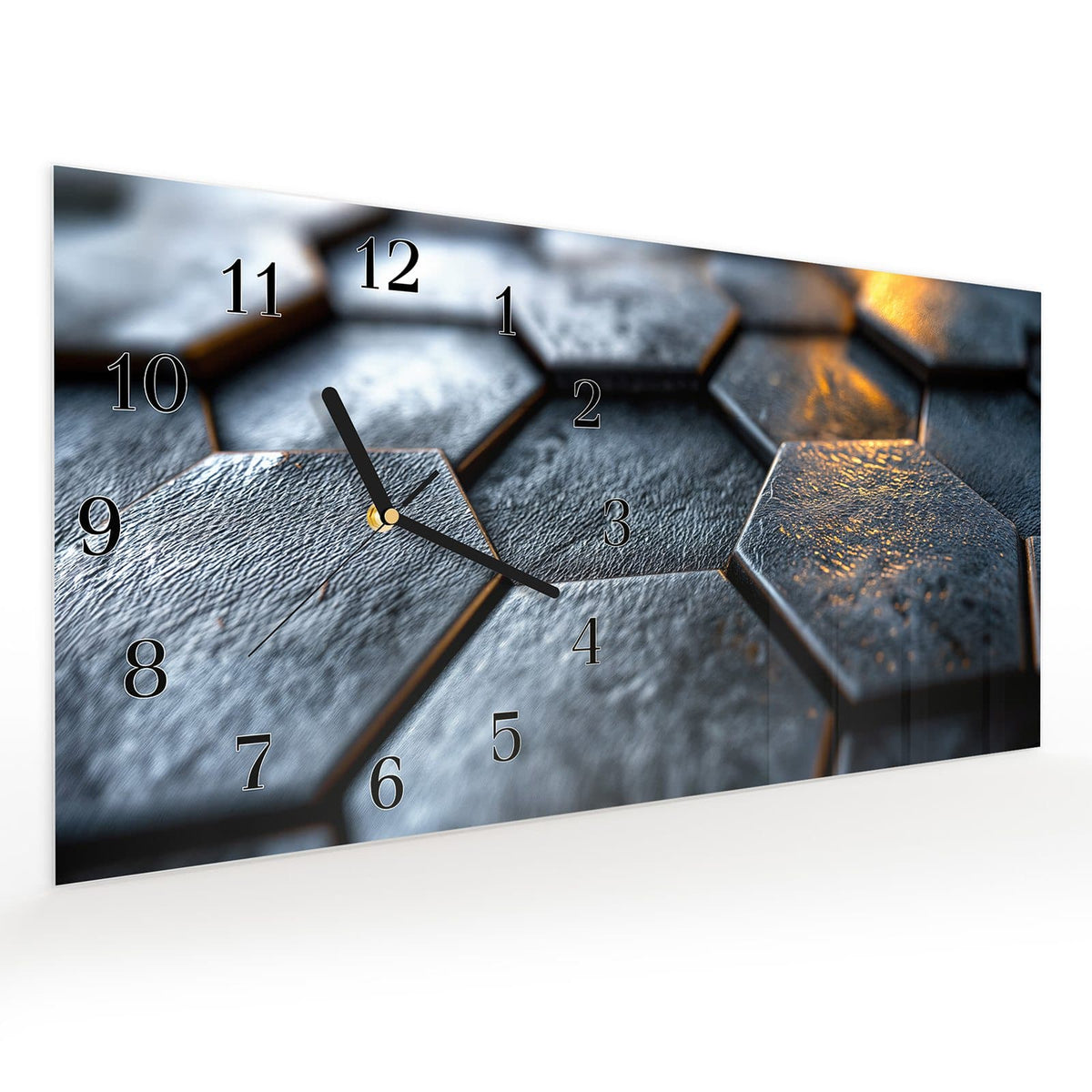 Vormontiert – mit Schwebeeffekt – Wanduhr Hexagon Fliesenstruktur aus Glas – Querformat 60 × 30 cm