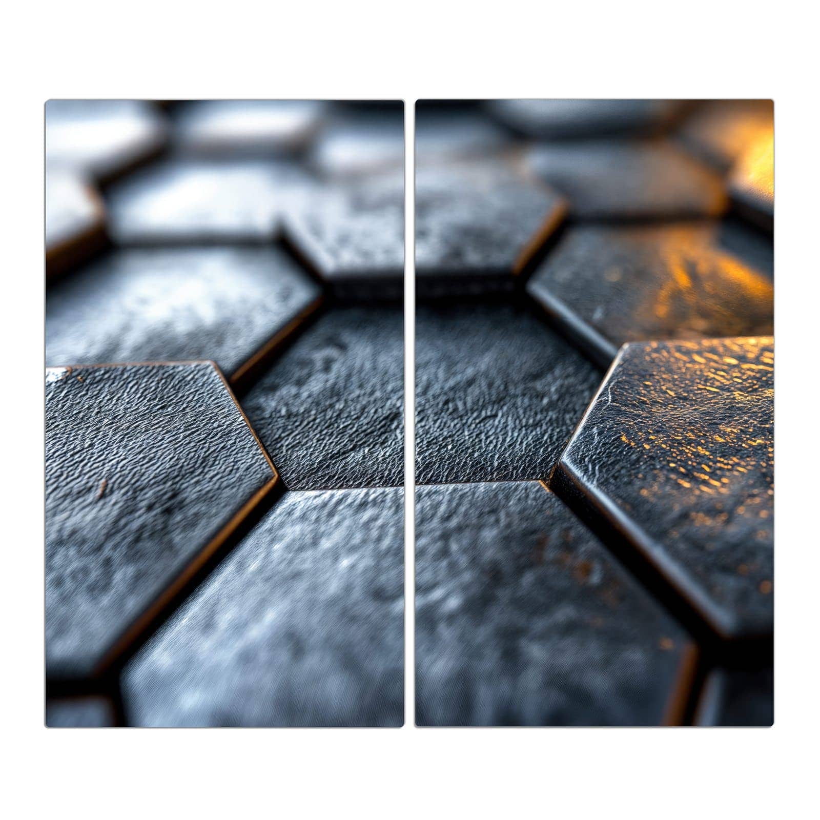 2-teilige Herdabdeckplatte für Ceranfeld mit Hexagon Fliesenstruktur-Motiv in der Frontansicht #grösse_2-Teilig (60x52cm)