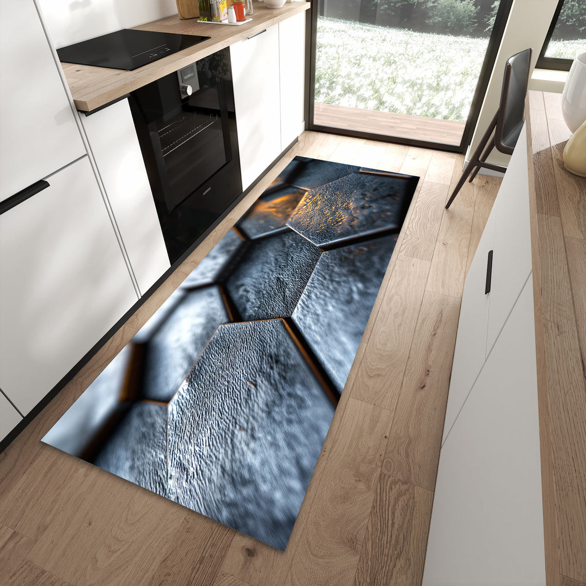 Ordnungsschaffender Küchenläufer mit Motiv Hexagon Fliesenstrukur in moderner Küche