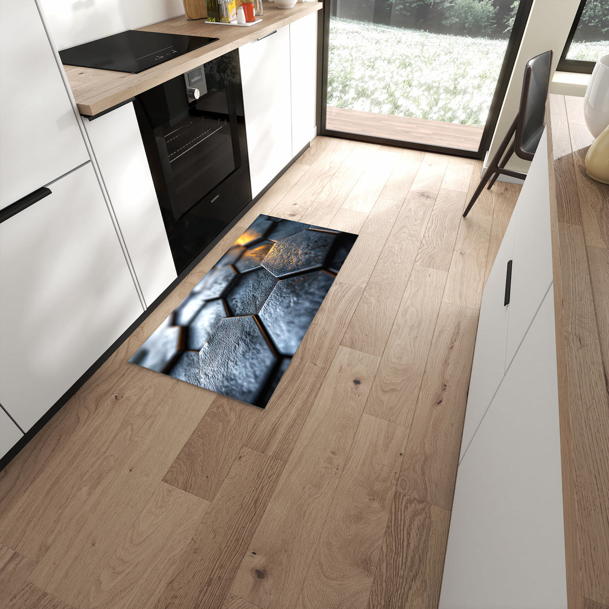 Pflegeleichter Teppich für Küche mit Motiv Hexagon Fliesenstrukur in moderner Küche #grösse_60 x 120 cm