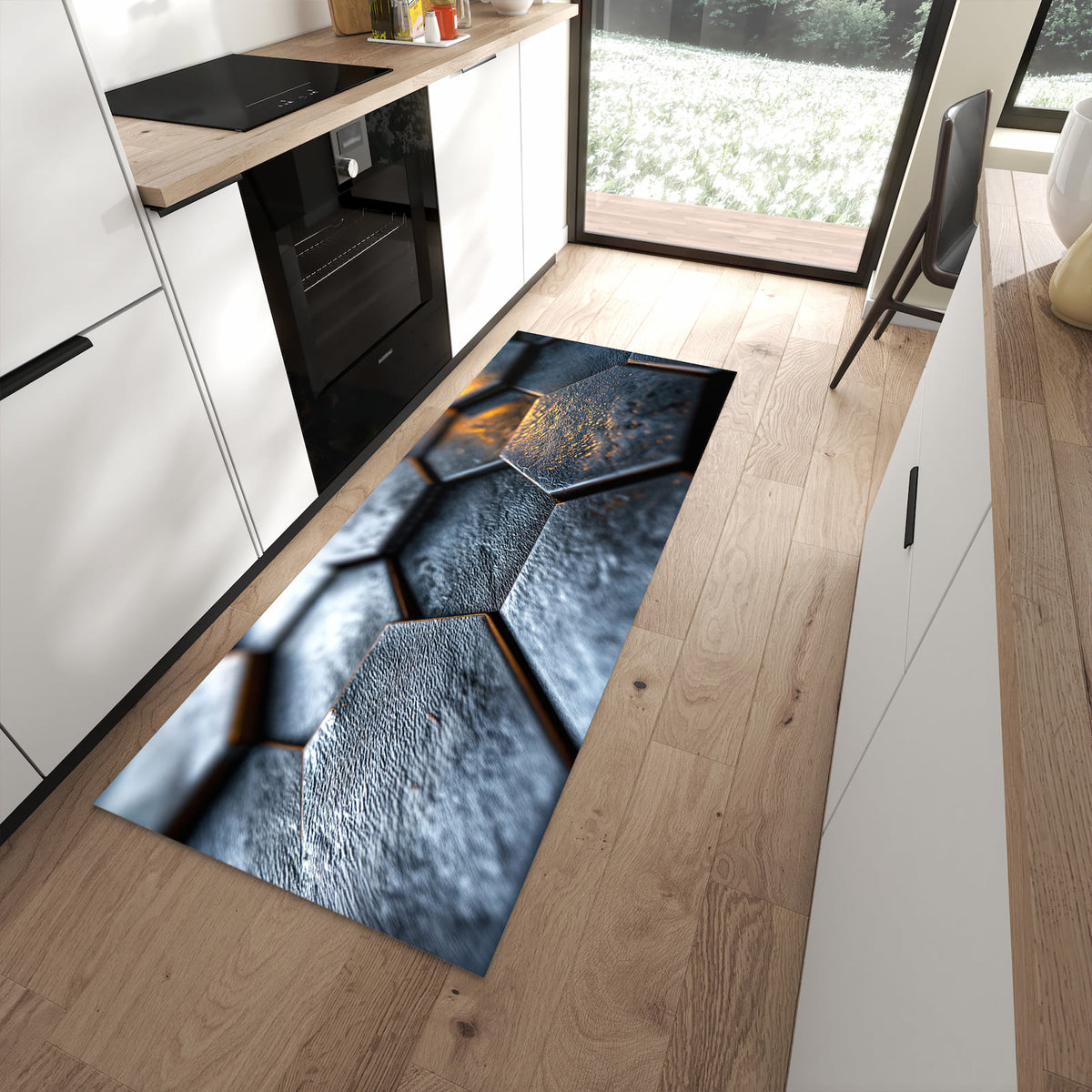 Waschbarer Küchenläufer mit Motiv Hexagon Fliesenstrukur in moderner Küche