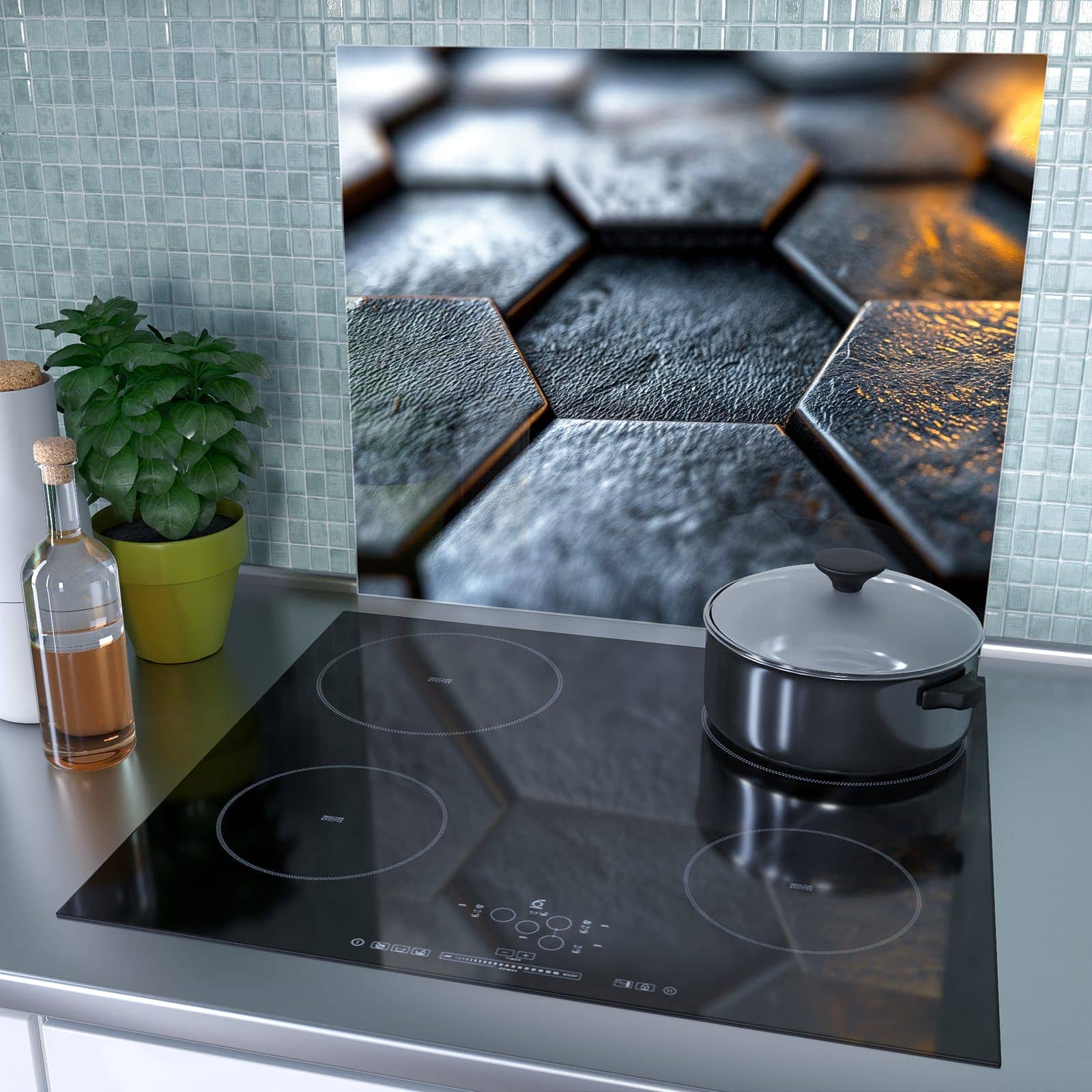 1-teilige Herdabdeckplatte aus Glas mit Hexagon Fliesenstruktur-Motiv als Spritzschutz hinter dem Kochfeld