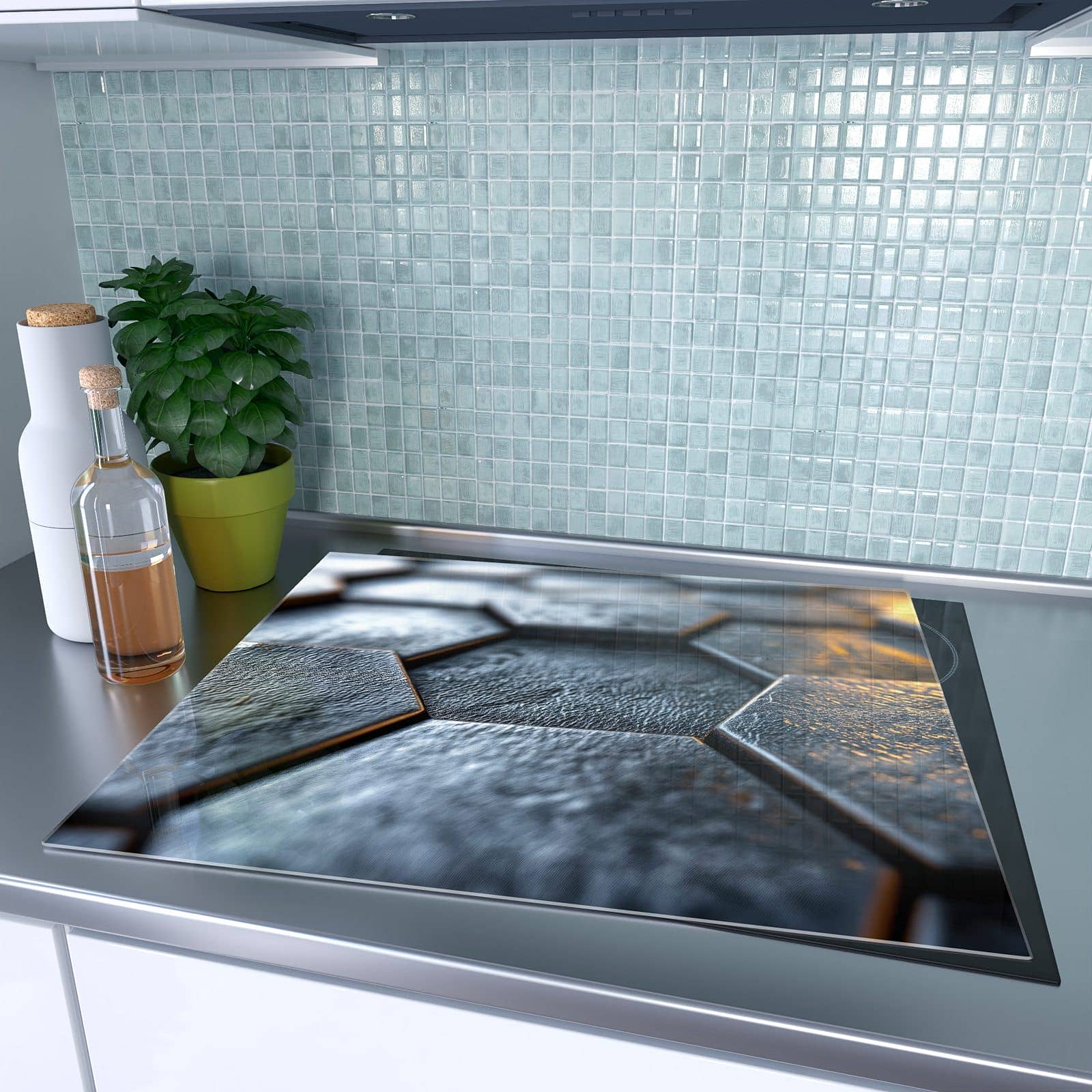 1-teilige Abdeckplatten für Ceranfeld mit Hexagon Fliesenstruktur-Motiv auf dem Ceranfeld