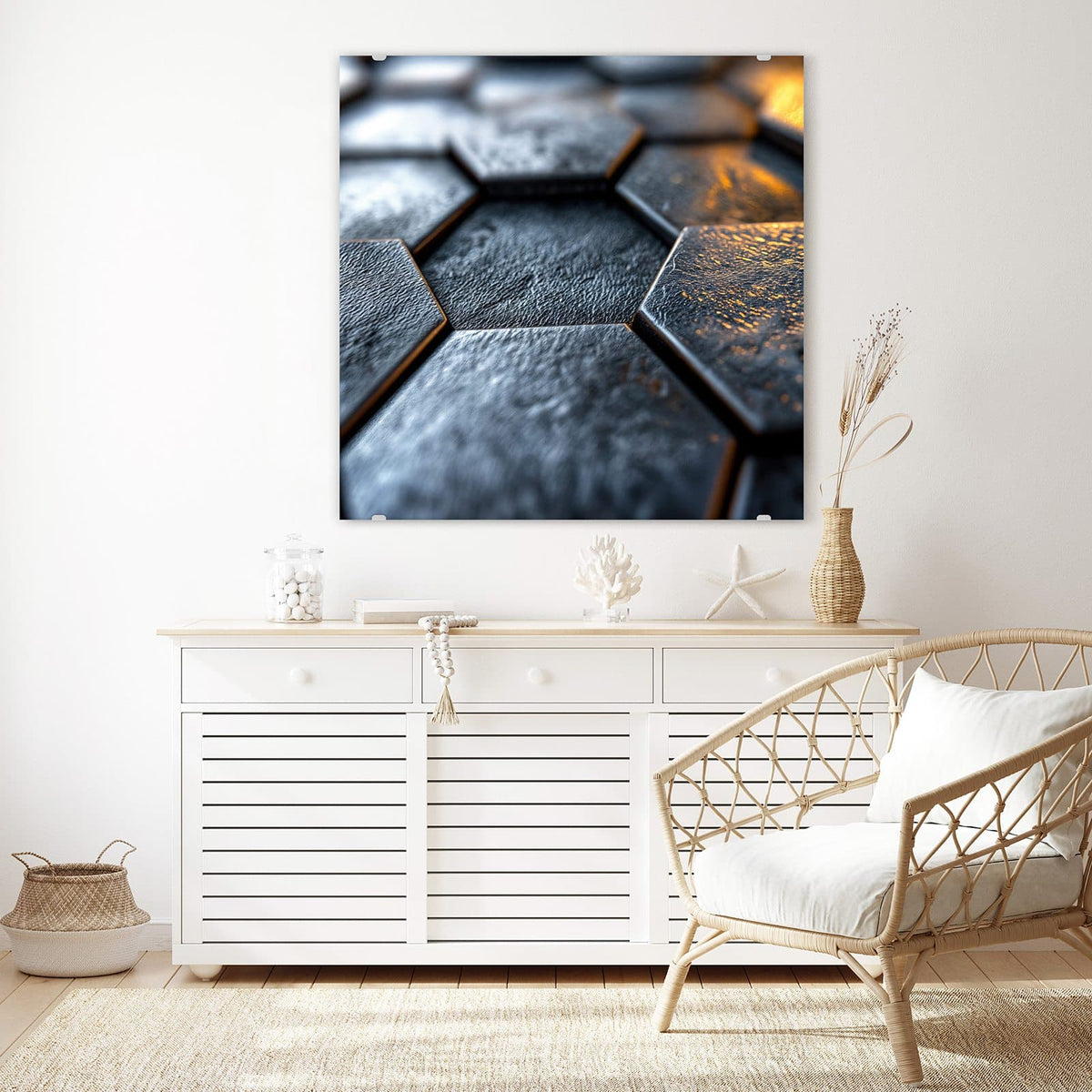 Echtglas, 4 mm – kein Acryl, keine Folie – Wandbild - Dunkle Hexagonfliesen - Quadratisch