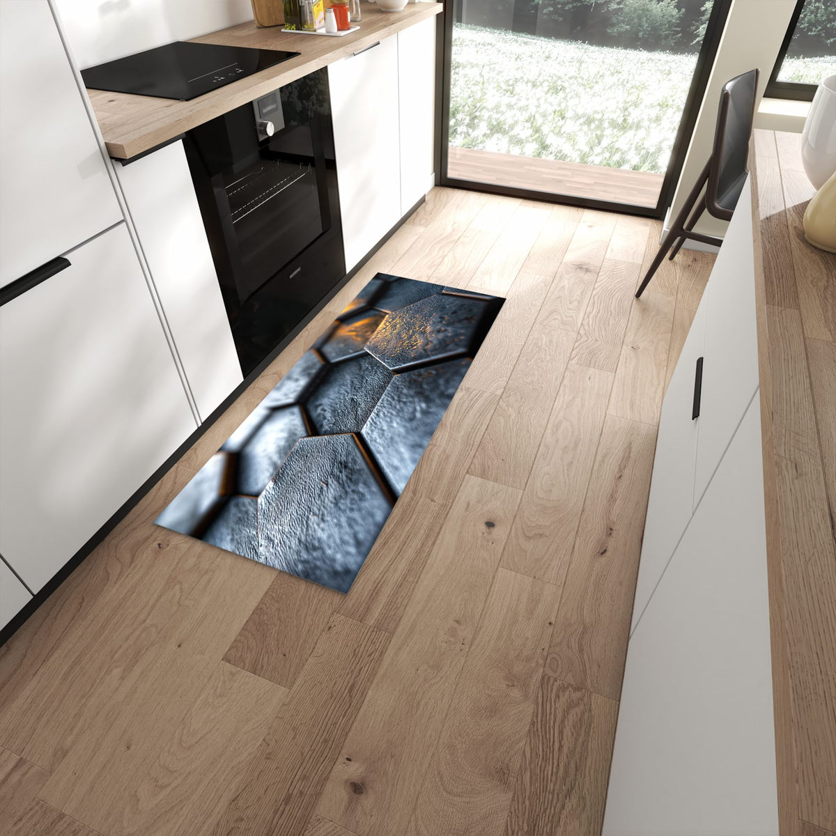 Komfortabler Küchenteppich mit Motiv Hexagon Fliesenstrukur in moderner Küche #grösse_60 x 150 cm