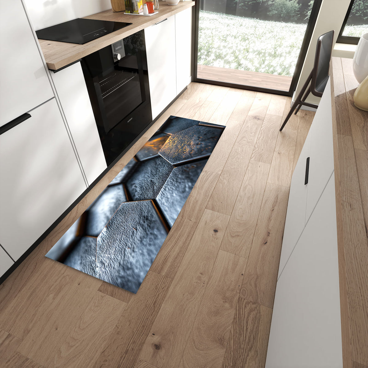 Rutschfester Küchenteppich mit Motiv Hexagon Fliesenstrukur in moderner Küche