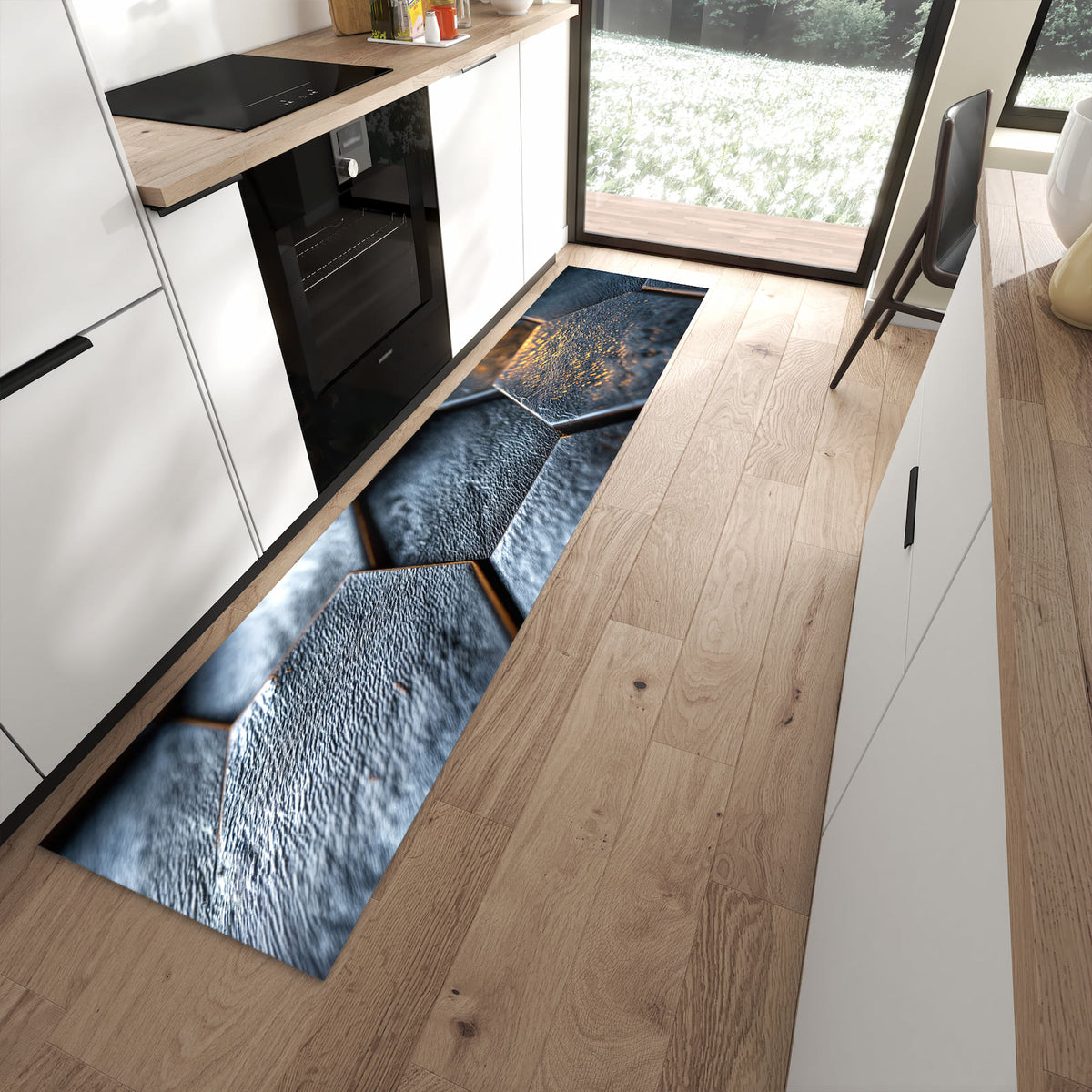 Küchenteppich mit Motiv Hexagon Fliesenstrukur für angenehme Haptik in moderner Küche