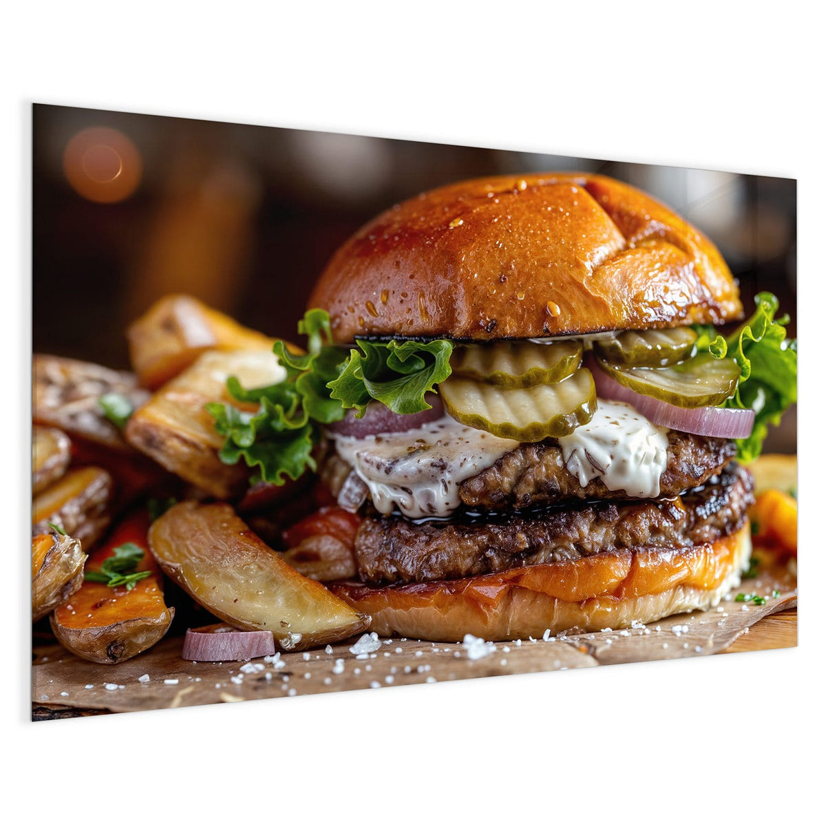 4 mm Glas statt lackiertem Blech – Magnettafel - Burger mit Kartoffeln