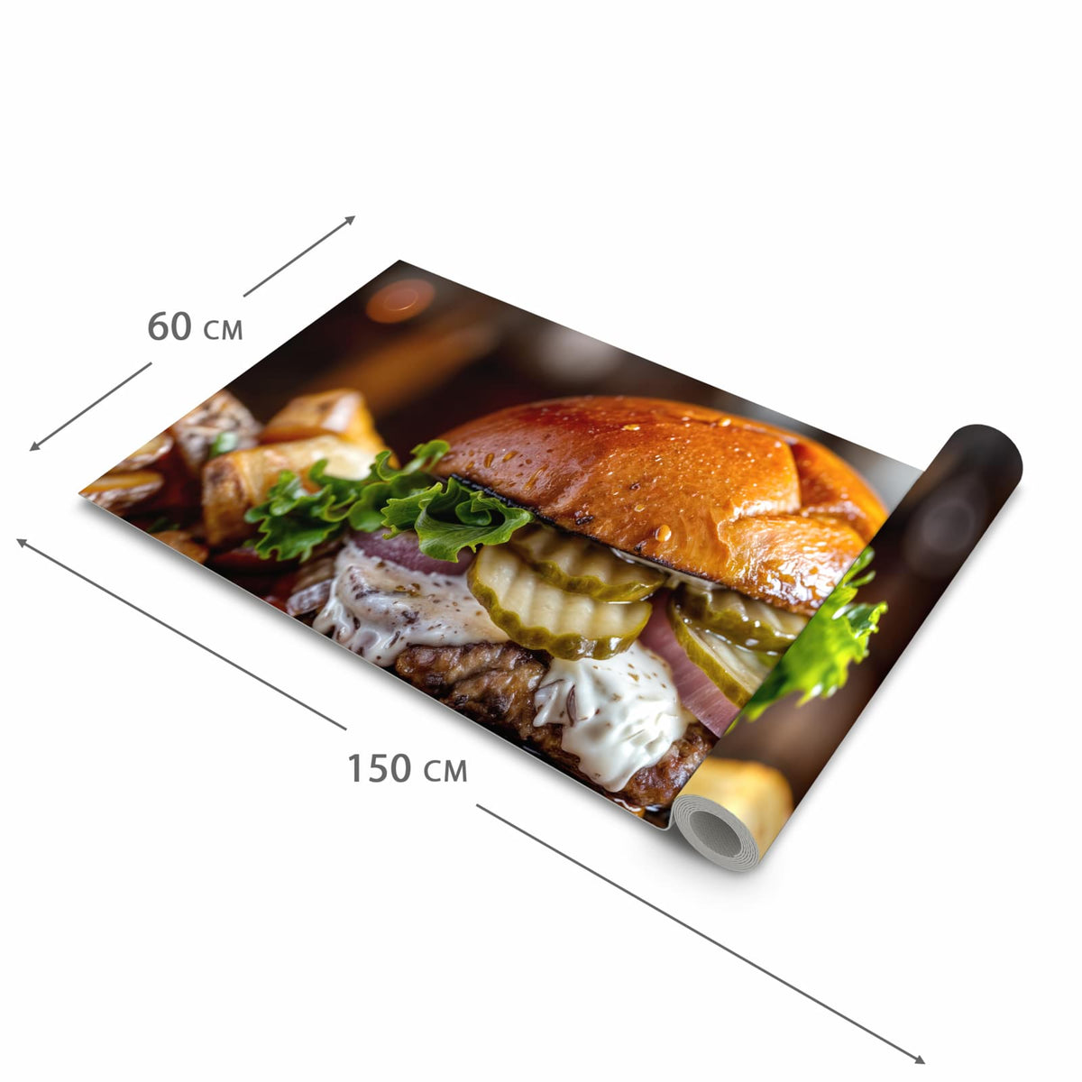 Pflegeleichter moderner Küchenläufer mit Motiv Burger mit Pommes in der Grösse 80x280 cm