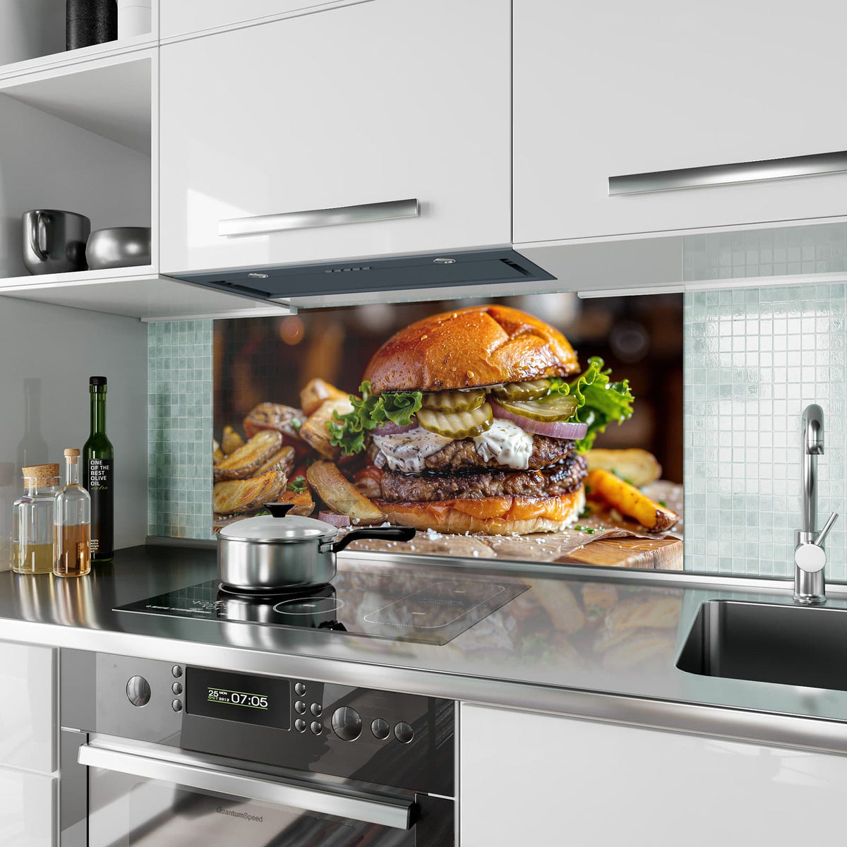 Küchenrückwand aus Glas Burger mit Kartoffeln im Hochformat als Spritzschutz hinter dem Kochfeld, über dem Fliesenspiegel montiert