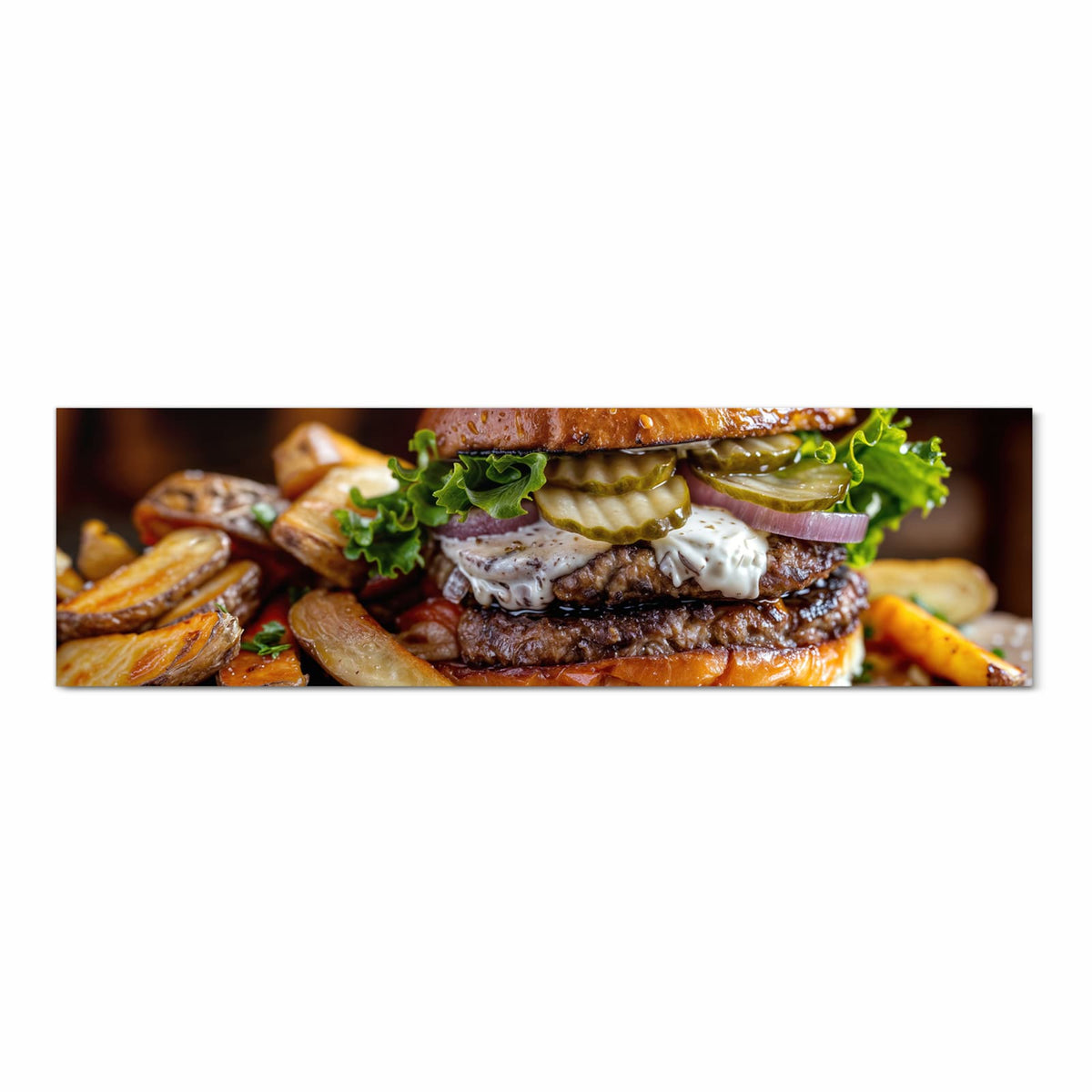 Waschbarer Küchenläufer mit Motiv Burger mit Pommes in Frontansicht für angenehme Haptik