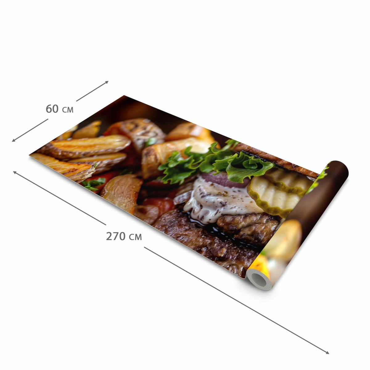 Strapazierfähiger Küchenläufer mit Motiv Burger mit Pommes in der Grösse 80x280 cm