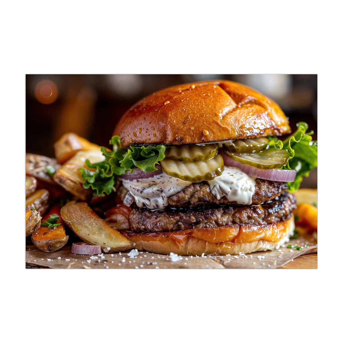 Küchenrückwand aus Glas Burger mit Kartoffeln im Hochformat, Motiv bildfüllend von vorn