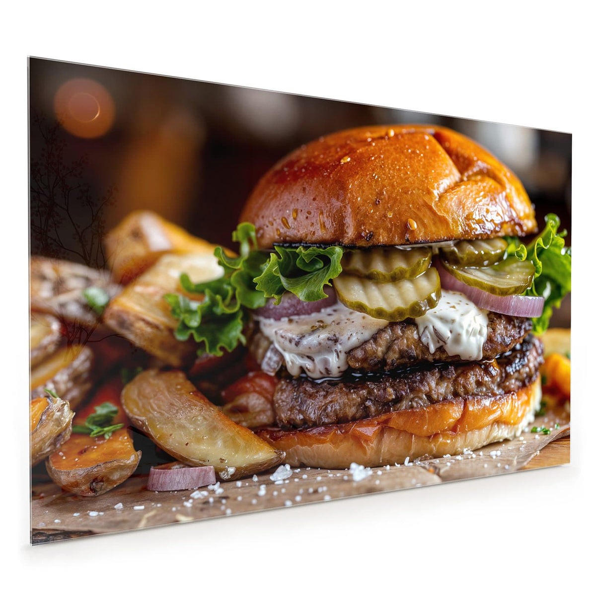 Küchenrückwand aus Glas im Hochformat: Burger mit Brioche-Bun, Salat, Gurkenscheiben, Zwiebeln und Soße, daneben Kartoffelspalten