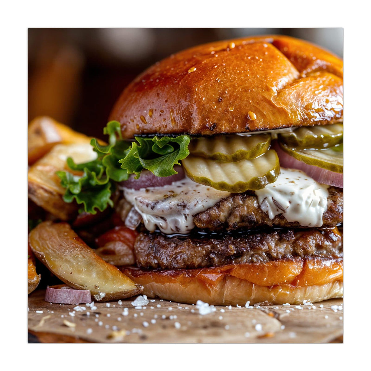Küchenrückwand aus Glas Burger mit Kartoffeln im quadratischen Format, Motiv bildfüllend von vorn #grösse_40 x 40 cm #grösse_50 x 50 cm #grösse_60 x 60 cm