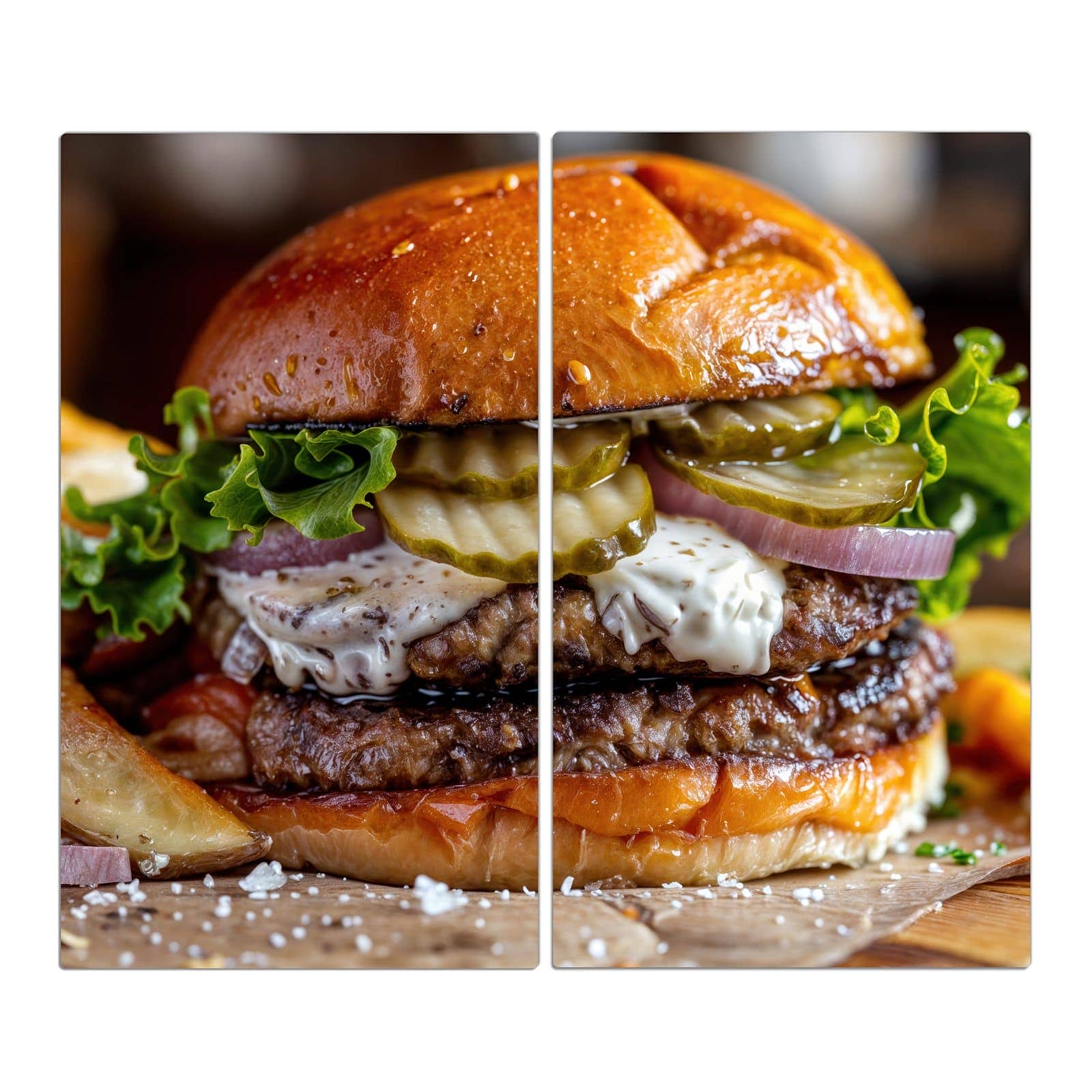 2-teilige Herdabdeckung aus Holz mit Burger mit Pommes-Motiv in der Frontansicht #grösse_2-Teilig (60x52cm)