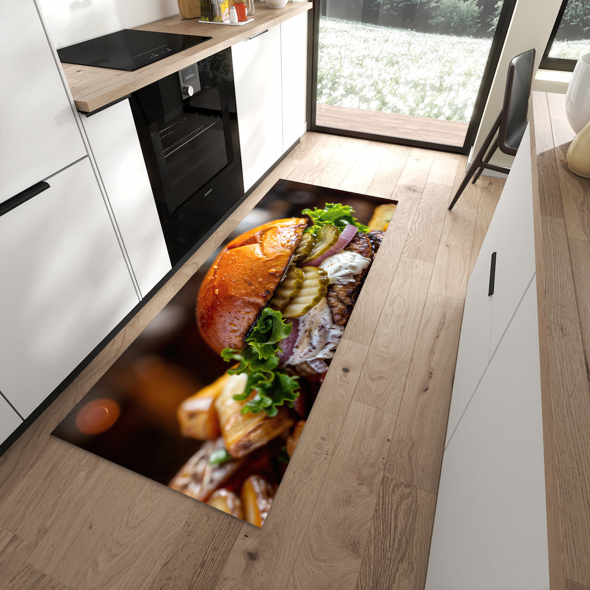 Wasserabweisender Küchenläufer mit Motiv Burger mit Pommes in moderner Küche