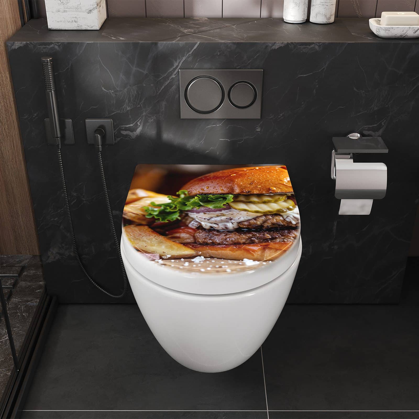 WC-Sitz mit Absenkautomatik Burger mit Pommes
