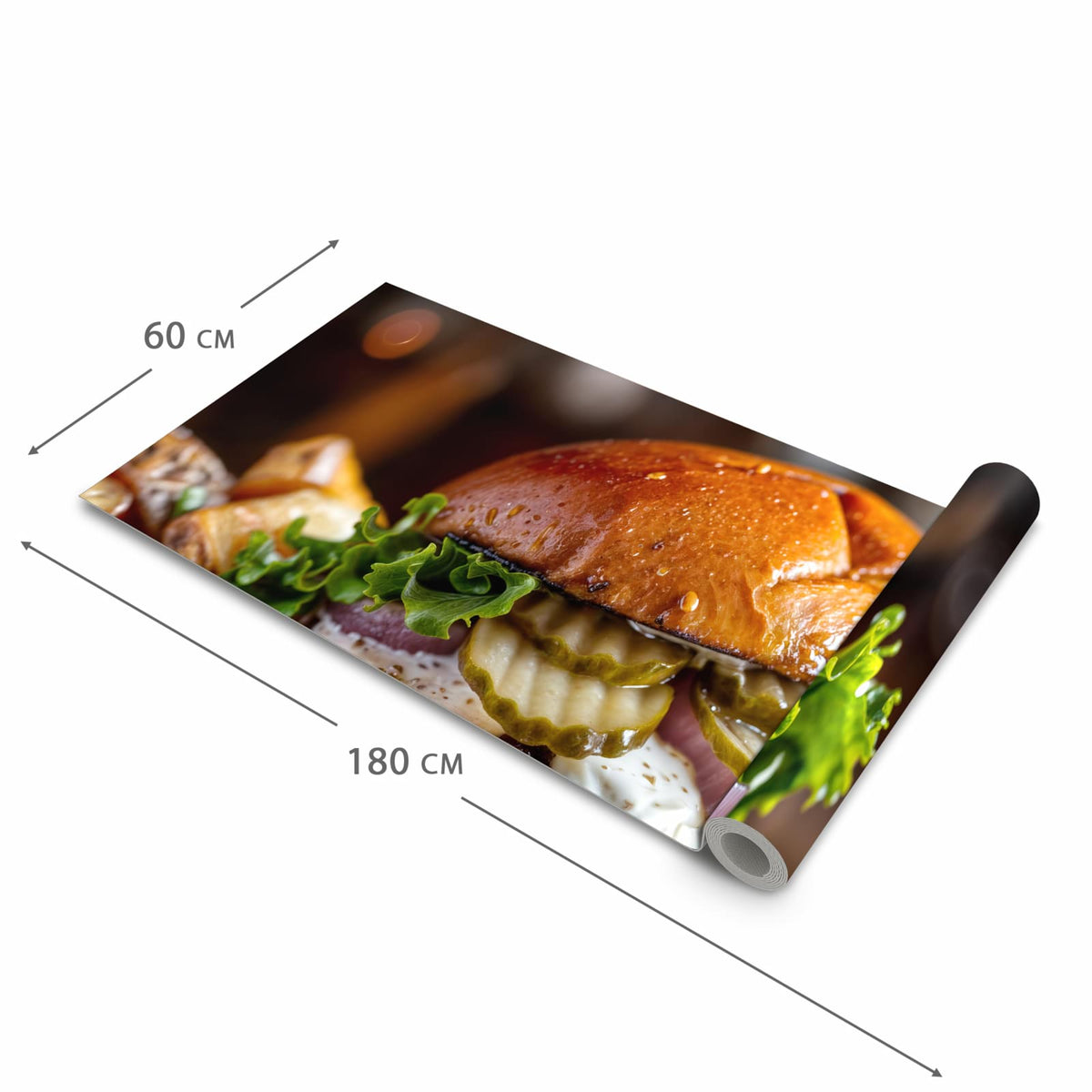 Abwaschbarer Küchenläufer mit Motiv Burger mit Pommes in der Größe 80x280 cm für angenehme Haptik