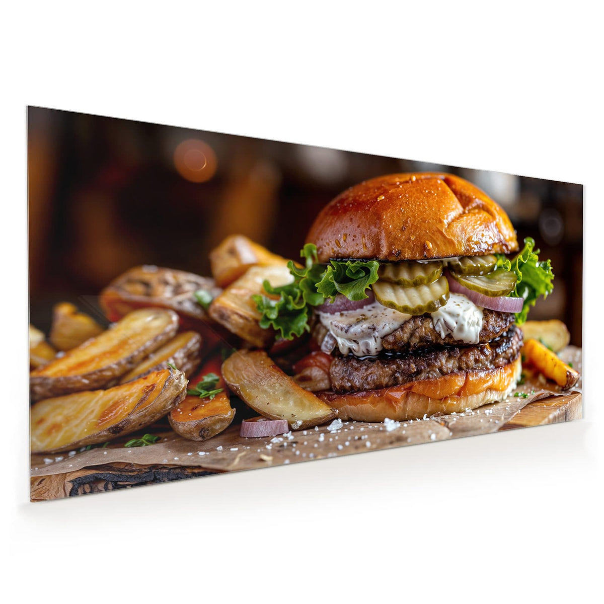 Burger mit Brioche-Bun, Salat, Gurkenscheiben, Zwiebeln und Soße, daneben Kartoffelspalten