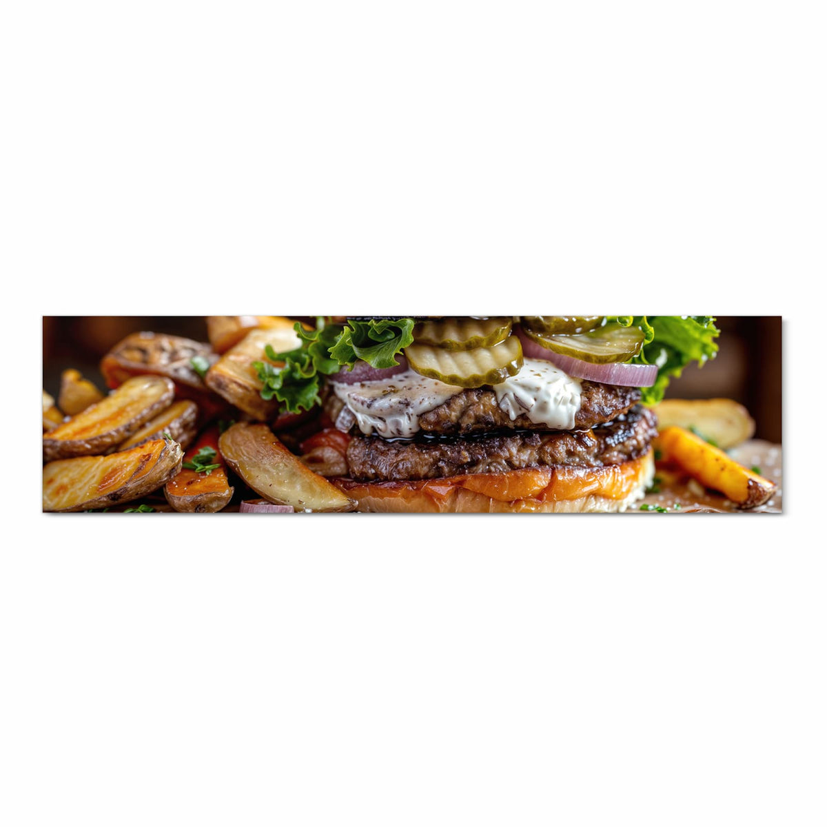 Hygienischer rutschfester Küchenläufer mit Motiv Burger mit Pommes in Frontansicht