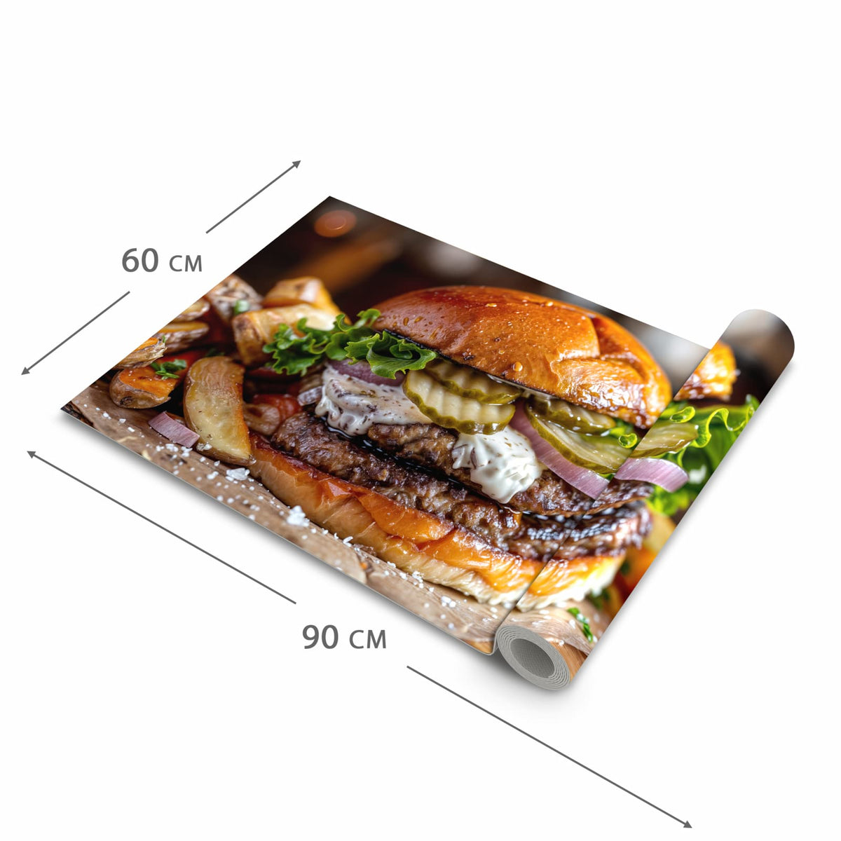 Langlebiger Teppich für Küche mit Motiv Burger mit Pommes in der Grösse 80x280 cm