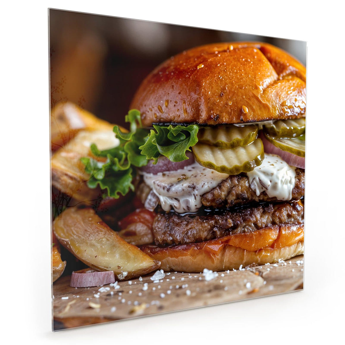 Küchenrückwand aus Glas im quadratischen Format: Burger mit Brioche-Bun, Salat, Gurkenscheiben, Zwiebeln und Soße, daneben Kartoffelspalten #grösse_40 x 40 cm #grösse_50 x 50 cm #grösse_60 x 60 cm