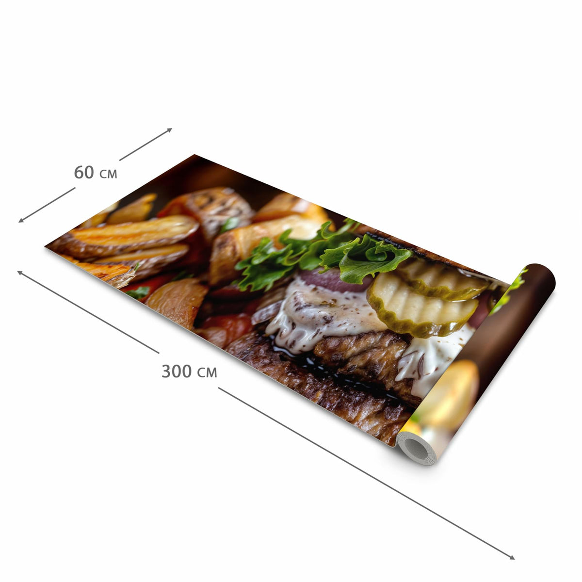 Waschbarer Küchenteppich mit Motiv Burger mit Pommes in der Größe 80x280 cm