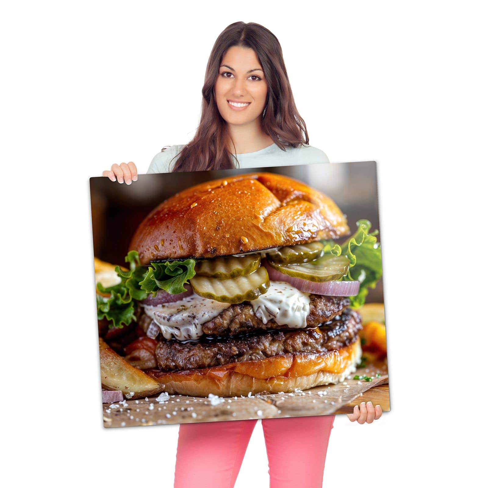 1-teilige Herdabdeckplatte mit Burger mit Pommes-Motiv wird zur Größendarstellung gehalten