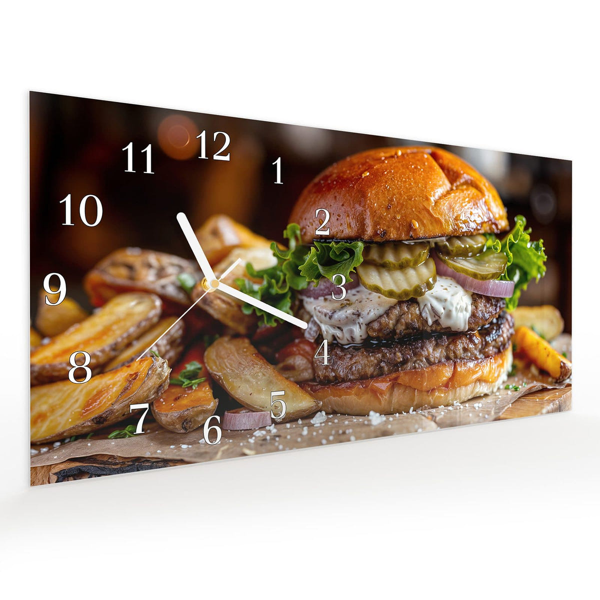 Vormontiert – mit Schwebeeffekt – Wanduhr Burger mit Pommes aus Glas – Querformat 60 × 30 cm