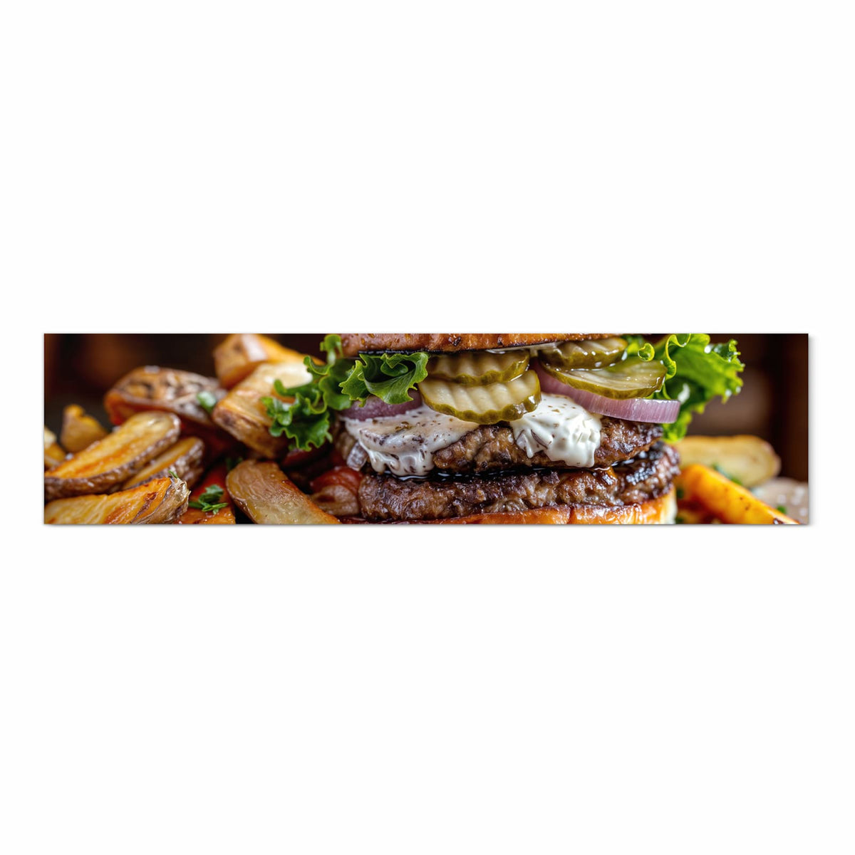 Flacher Küchenläufer mit Motiv Burger mit Pommes in Frontansicht