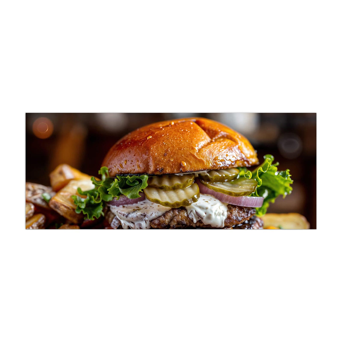 Küchenrückwand aus Glas Burger mit Kartoffeln im Hochformat, Motiv bildfüllend von vorn