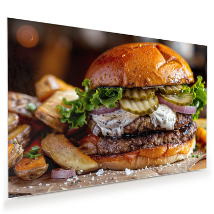 Wandbild mit dem Motiv Burger mit Kartoffeln