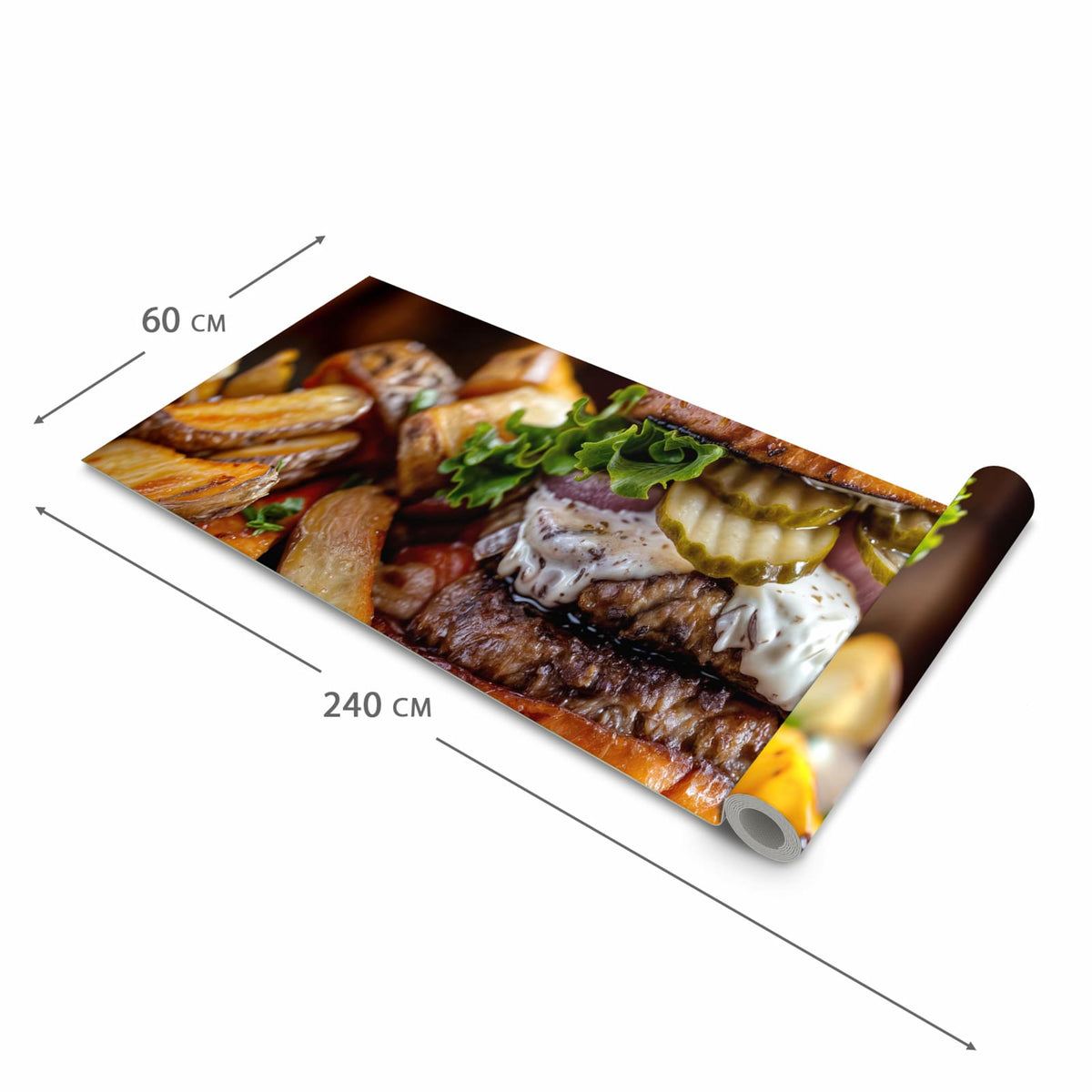 Hygienischer abwaschbarer Küchenteppich mit Motiv Burger mit Pommes in der Grösse 80x280 cm