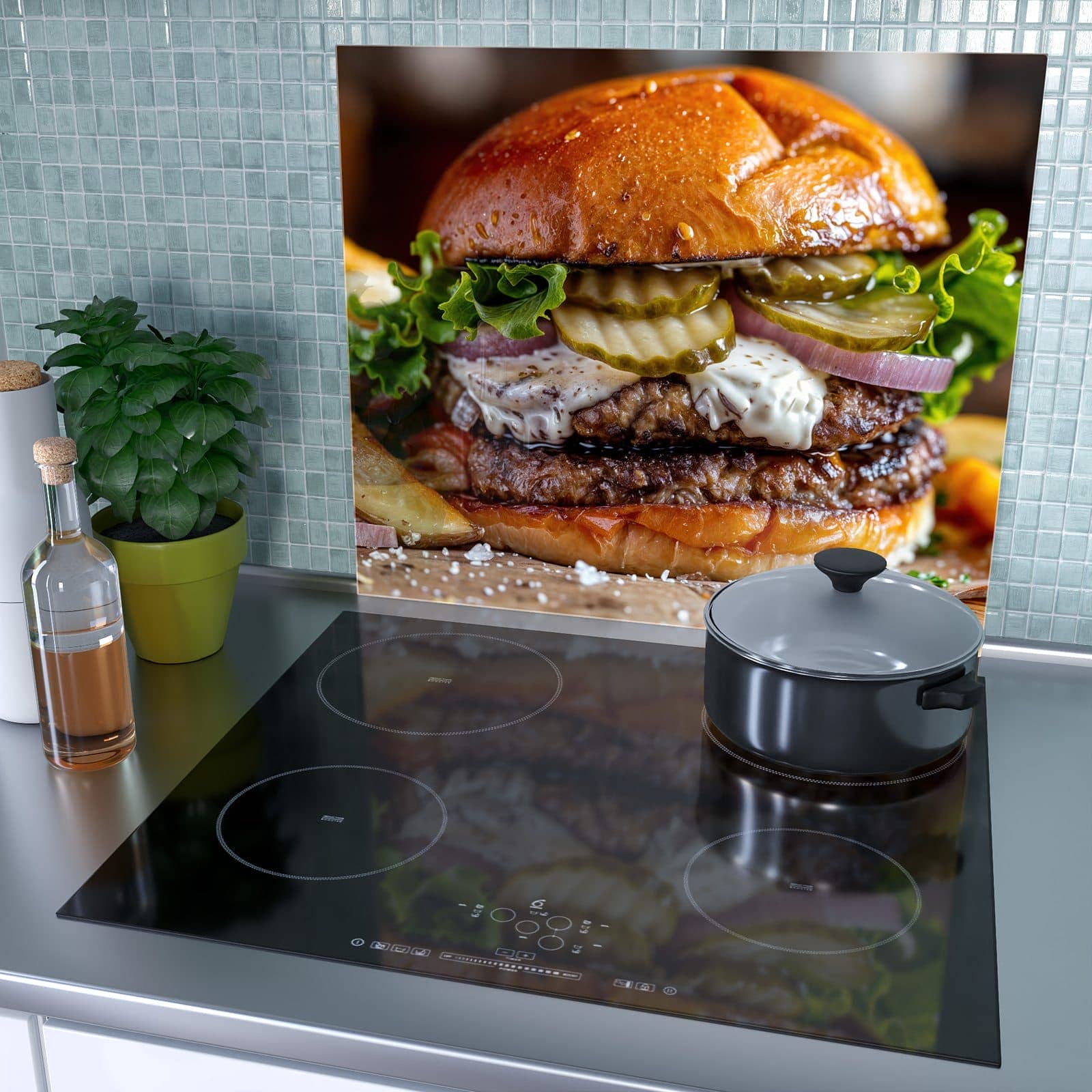 1-teilige Herdabdeckplatte Induktion mit Burger mit Pommes-Motiv als Spritzschutz hinter dem Kochfeld