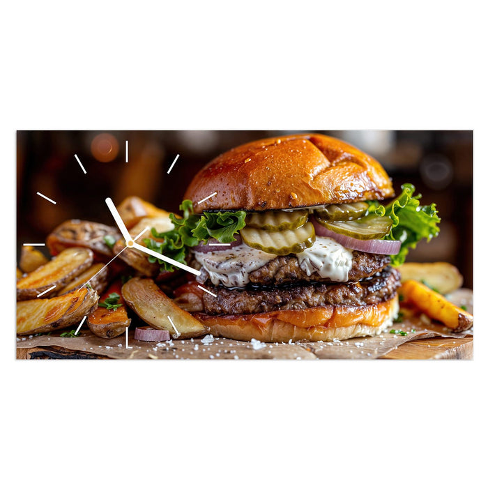 Wanduhr Burger mit Pommes aus Glas – Querformat 60 × 30 cm mit Ziffernblatt Linie