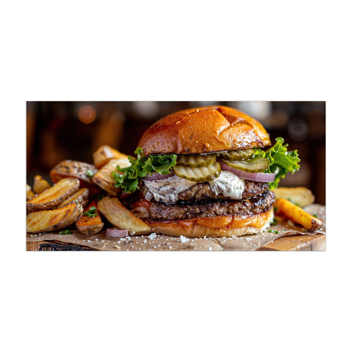 Küchenrückwand aus Glas Burger mit Kartoffeln im Hochformat, Motiv bildfüllend von vorn