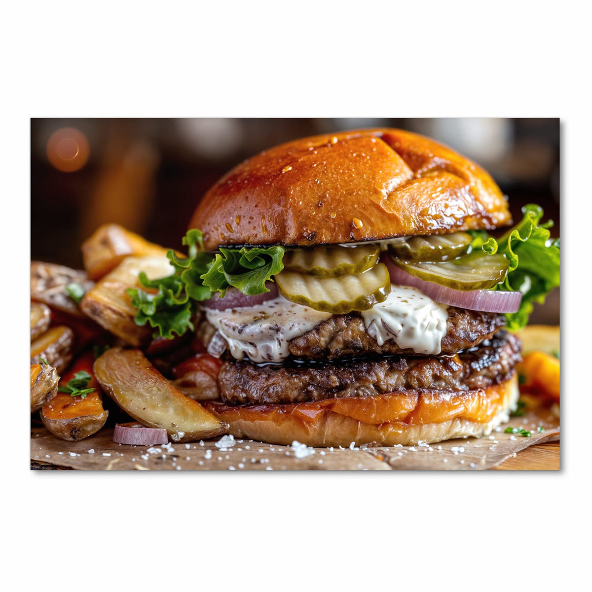 Rutschfester Küchenläufer mit Motiv Burger mit Pommes in Frontansicht für sicheren Stand