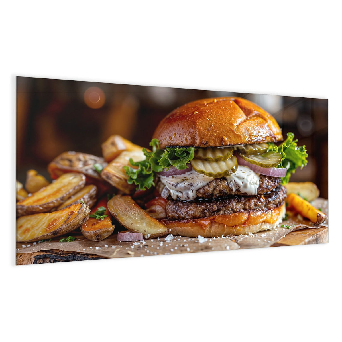 Burger mit Brioche-Bun, Salat, Gurkenscheiben, Zwiebeln und Soße, daneben Kartoffelspalten