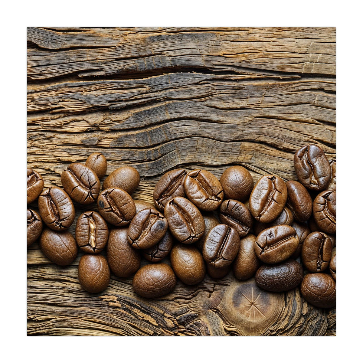 Küchenrückwand aus Glas Kaffeebohnen auf Altholz im quadratischen Format, Motiv bildfüllend von vorn #grösse_40 x 40 cm #grösse_50 x 50 cm #grösse_60 x 60 cm