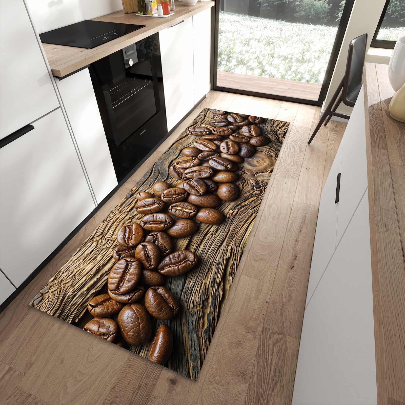 Farbbeständiger waschbarer Küchenläufer mit Motiv Kaffeebohnen Holz in moderner Küche