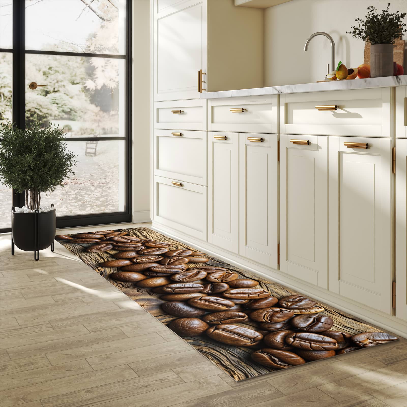 Dünner waschbarer Küchenteppich mit Motiv Kaffeebohnen Holz für angenehme Haptik in heller Küche