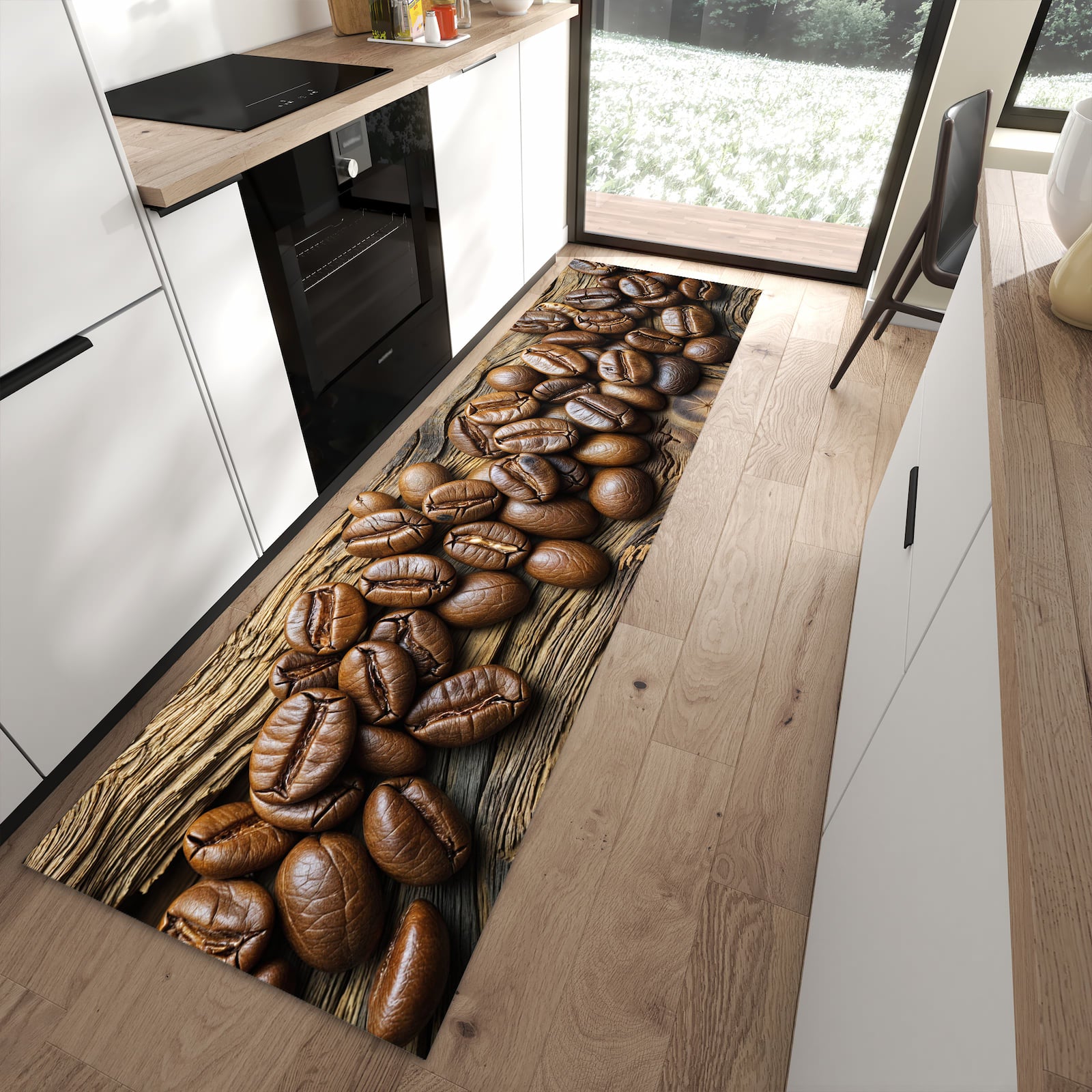 Bodenschonender Küchenteppich mit Motiv Kaffeebohnen Holz in moderner Küche