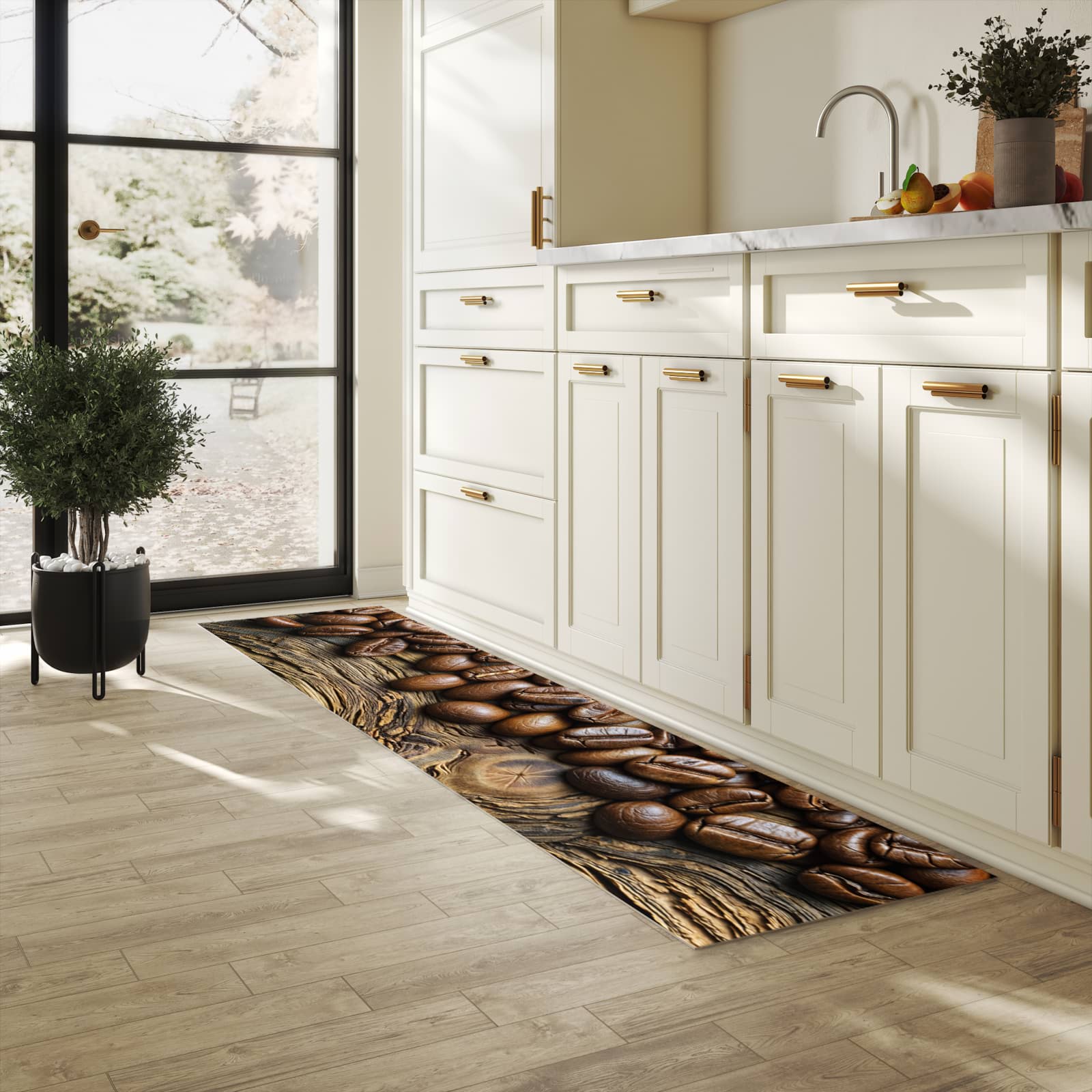 Flacher Küchenläufer mit Motiv Kaffeebohnen Holz in heller Küche für lange Teppiche
