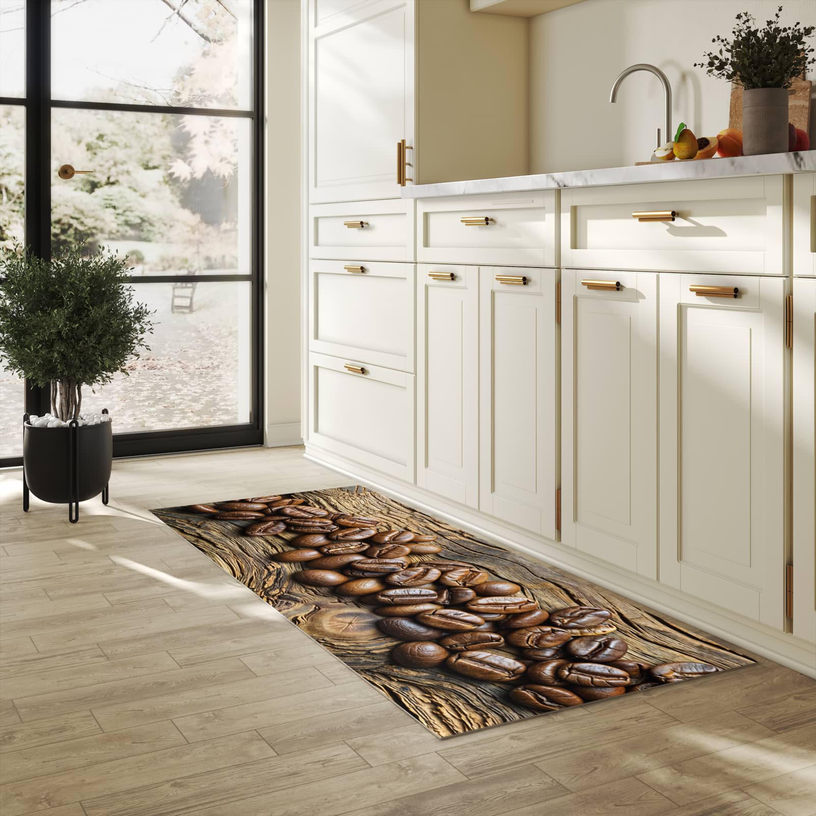Rutschhemmender dünner Teppich mit Motiv Kaffeebohnen Holz in heller Küche